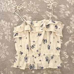 American eagle outfitters floral blue and white ruffle tank top